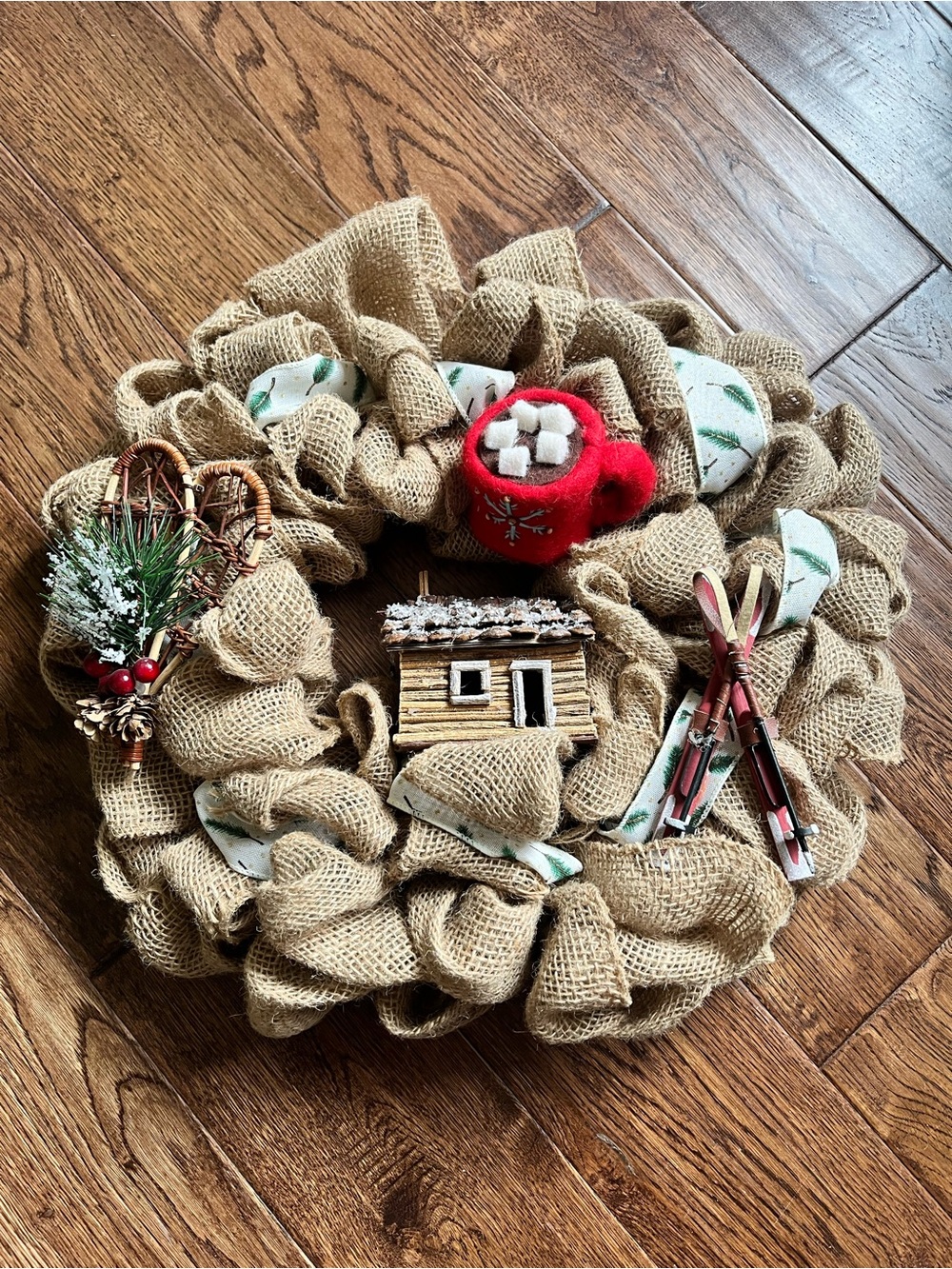 Handmade Winter Burlap Wreath 17” Rustic Cabin & Ski Lodge Decor